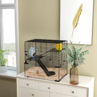 PawHut Hamster Cage, Gerbil Cage with Glass Basin for Small Hamsters, Black(m-8)