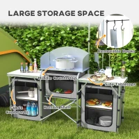 Outsunny Aluminum Camping Kitchen, Portable Folding Camping Table with Fabric Cupboards, Windshield, Bag for BBQ, Picnic, Gray(m-4)