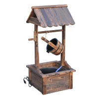 Outsunny Outdoor Wooden Wishing Well Fountain with Adjustable Water Flow Rate, Outdoor Rustic Waterfall Fountain with Electric Pump, Water Bucket, for Backyard Patio Garden Lawn, Carbonized Finish(m-1)