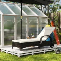 Outsunny Outdoor Chaise Lounge, 5-Level Adjustable Backrest Rattan Pool Lounge Chair with Wheels, Cushion & Headrest, Cream(m-10)