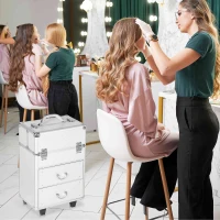 HOMCOM Rolling Makeup Train Case, Large Storage Cosmetic Trolley, Lockable Traveling Cart Trunk with Folding Trays, Swivel Wheels and Keys, Silver(m-7)