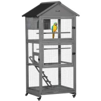 PawHut 71" Bird Cage Large Mobile Wooden Aviary for Canary Cockatiel with Wheel Perch Nest Ladder Slide-out Tray for Indoor Outdoor Dark Grey(m-2)
