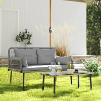Outsunny 2 Pieces Wicker Patio Furniture Set, Small Patio Seat with Outdoor Loveseat, Glass Top Table and Cushions, Light Grey(m-9)