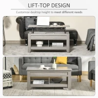 HOMCOM Lift Top Coffee Table with Hidden Storage Compartment and Open Shelves, Lift Tabletop Pop-Up Center Table for Living Room, Light Grey(m-4)
