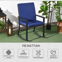 Outsunny Patio Wicker Rocking Chair, Outdoor PE Rattan Rocking Chair with High Back, Armrest, Seat Cushion, Blue(m-7)