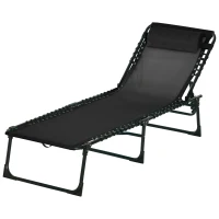 Outsunny Outdoor Folding Lounge Chair, 4-Level Adjustable Chaise Lounge with Headrest, Tanning Chair Beach Bed Reclining Lounger Cot for Camping, Hiking, Backyard, Black(m-12)