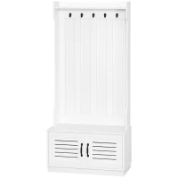 HOMCOM Modern Hall Tree, Entryway Coat Rack with Shoe Bench, 5 Hooks, Storage Shelf and Slatted Door Cabinet for Hallway, White(m-11)