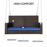 Outsunny 2 Person Wicker Hanging Swing Bench, Front Porch Swing Outdoor Chair with Cushions 550 lbs. Weight Capacity for Backyard, Garden, Blue(m-5)