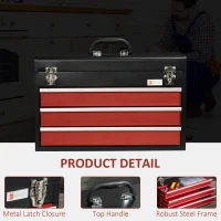 DURHAND 20" Portable Metal Tool Box with Metal Latch Closure, 3 Drawer Lockable Tool Chest with Ball-bearing Slider for Garage, Household and Warehouse, Red(m-4)