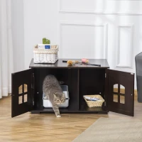 PawHut Cat Litter Box Enclosure Hidden Cat Furniture Cabinet Indoor Cat Washroom Double-door Nightstand End Table with Cat Hole Window Coffee(m-1)