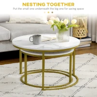 HOMCOM Nesting Tables, 29" Round Coffee Table Set of 2, Modern Side Tables for Living Room with Metal Base, Faux Marbled White(m-4)