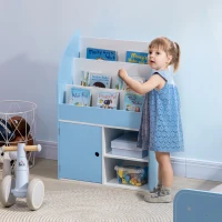 Qaba Toy Storage Organizer, Kids Bookshelf, Freestanding Children Bookcase with Cabinet for Toys Clothes Books, Blue(m-10)