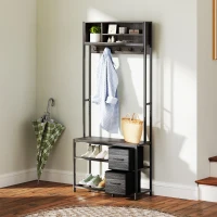 HOMCOM Hall Tree with Bench and Shoe Storage, 5-in-1 Entryway Bench with Coat Rack, 3 Storage Shelves, 2 Fabric Drawers, Gray(m-10)
