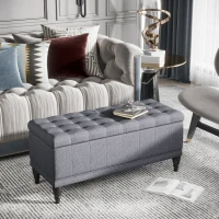 HOMCOM Storage Ottoman, Linen Fabric Button Tufted Storage Bench with Soft Close Lid for Living Room, Entryway or Bedroom, Dark Heather Gray(m-4)