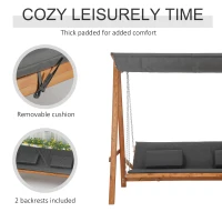 Outsunny 3 Seater Patio Swing Chair Convertible Cushioned Porch Swing Bed with Canopy, Wood Frame for Outdoor, Backyard, Garden(m-6)