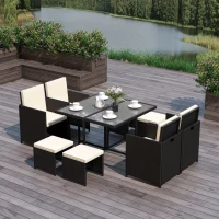 Outsunny 9 Pieces Outdoor Dining Set for 8, Space Saving Wicker Chairs and Square Glass Table with Cushions and Ottomans, Rattan Conversation Patio Furniture Set for Garden, Black/Cream White(m-10)