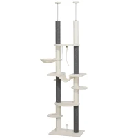 PawHut 89"- 100" Floor to Ceiling Cat Tree with Scratching Posts, Hammock, Perches & Toy Balls, White(m-1)