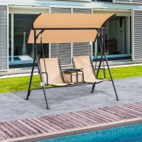 Outsunny 2 Person Covered Porch Swing Patio Swing with Pivot Storage Table, Cup Holder, & Adjustable Overhead Canopy, Beige(m-8)