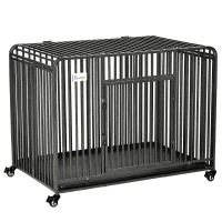 PawHut Heavy Duty Dog Crate, Foldable Pet Kennel Cage, with All Steel Frame Removable Tray, 4 Locking Wheels, for Medium & Large Dogs, Dark Silver(m-2)