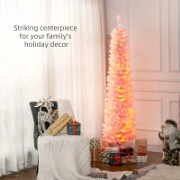 HOMCOM 6' Prelit Christmas Trees, Pencil Artificial Christmas Tree with Colorful Surface Branches, Colorful LED Lights, Pink(m-4)