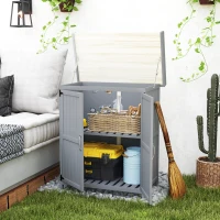 Outsunny Outdoor Storage Cabinet, Garden Tool Shed with Metal Tabletop and Shelf, Wooden Potting Bench with 2 Doors, Gray(m-10)