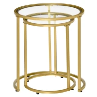 HOMCOM Set of 2 Nesting Coffee Tables with Metal Base, Round Side Table with Tempered Glass Tabletop for Living Room, Bedroom, Gold(m-11)
