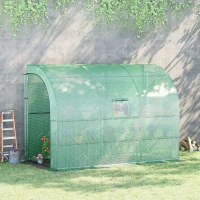 Outsunny 10' x 5' x 7' Lean to Greenhouse, Walk-In Green House, Plant Nursery with 2 Roll-up Doors and Windows, PE Cover and 3 Wire Shelves, Green(m-2)