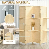 HOMCOM 4-Panel Folding Room Divider, 6 Ft Freestanding Bamboo Privacy Screen Panel with Storage Shelves for Bedroom or Office, Natural Wood Color(m-6)