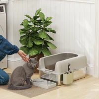 PawHut High Sided Stainless Steel Litter Box with Metal Scoop & Scoop Holder, for Easy Clean& Anti-Urine Leakage, Light Gray(m-2)