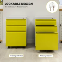 Vinsetto 3 Drawer Filing Cabinet, Lockable Office Storage Cabinet on Wheels for Legal, Letter, A4 Files, Yellow(m-6)