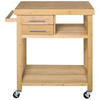 HOMCOM Bamboo Kitchen Island Cart on Wheels, Utility Trolley Cart with 2 Storage Drawers and Open Shelves, Bamboo Tone(m-11)