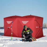 Outsunny 5-8 People Ice Fishing Shelter, Pop-Up Portable Ice Fishing Tent with Carry Bag, Two Doors, Windows and Vents, Ice Shanty for Winter Fishing, Red(m-10)