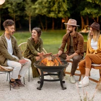 Outsunny Outdoor Fire Pit, Firepit with Mesh Lid, Poker, for Camping, Bonfire, Picnic, Black(m-1)