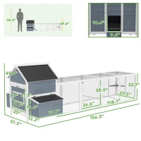 PawHut 156" Extra Large Wooden Chicken Coop with 2 Nesting Box, Run Cage, Waterproof Wave Roof, for 10-15 Chickens, Light Gray(m-3)