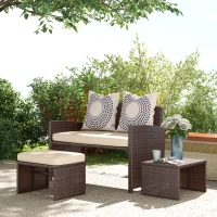 Outsunny 3 Pieces PE Rattan Patio Furniture with Cushions, Outdoor Wicker Conversation Sofa Sets w/ Footstools and Two Pillows, for Poolside, Backyard, Garden, Beige(m-1)