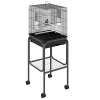 PawHut 44.5"H Metal Bird Cage Parrot Play Spot Stand with Wheel, Storage Shelf, Multi-doors - Black(m-2)