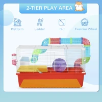 PawHut Large Hamster Cage with Tubes and Tunnels, 2-Level Steel Rat Cage, Small Animal House, Includes Exercise Wheel, Hut, Water Bottle, Food Dish, 23" x 14" x 14", Red(m-4)