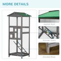 PawHut 65" Wooden Bird Cage Outdoor Aviary House for Parrot, Parakeet, with Pull Out Tray and 2 Doors, Grey(m-7)