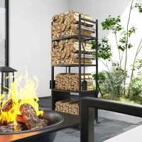 Outsunny 4-Tier Outdoor Indoor Firewood Rack with Wheels and 4 Tools, Powder-Coated Steel Wood Storage Rack Log Holder(m-9)