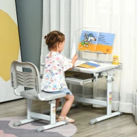 Qaba Kids Desk and Chair Set, School Study Desk with USB Light, Storage Drawer for Writing, Activities, Arts, or Crafts, Gray and White(m-2)