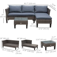Outsunny 3 Piece Wicker Patio Furniture Set Outdoor Sofa Set with Glass Tabletop, Cushions Metal Frame for Balcony, Patio, Grey(m-3)