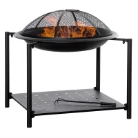 Outsunny 29.1in Outdoor Fire Pit with Screen Cover and Storage Shelf, Wood Burning Fire Bowl with Poker for Patio, Backyard, Black(m-2)