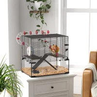 PawHut Hamster Cage with Deep Glass Bottom, Tunnel Tube System, Platforms, Hut, Exercise Wheel, Water Bottle, 24" x 16" x 22"(m-1)