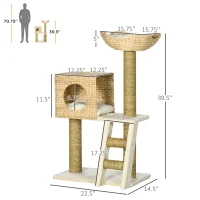 PawHut Cattail Weave Cat Tree for Indoor Cats Kitty Tower with Rattan Cat Condo, Wicker Bed, Ladder, Washable Cushions, 22.5" x 14.5" x 39.5", Natural(m-3)