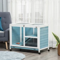 PawHut Indoor Rabbit Hutch with Wheels, Bunny Cage Guinea Pig House W/ Top Access, Ramp, Pull Out Tray, Blue(m-8)