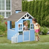 Outsunny Wooden Playhouse for Kids Outdoor with Flower Pot Holders, Door, Windows, Service Stations for 3-7 Years, Blue(m-10)