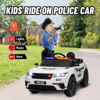 Qaba 12V Kids Electric Police Car w/ Remote Control, Spring Suspension, Transport Wheel, Siren, Music, Light, Horn, White(m-5)