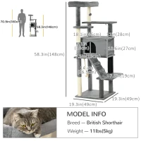 PawHut Cat Tree for Large Cats Adult, 58" Tall Cat Tree with Scratching Posts, Large Cat Tower for Indoor Cats with Bed, House, Toys, Grey(m-3)