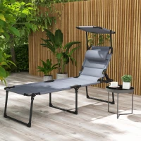 Outsunny Outdoor Lounge Chair, 4 Position Adjustable Backrest, Folding, Cushioned w/ Sun Shade Roof & Pillow, Gray(m-2)