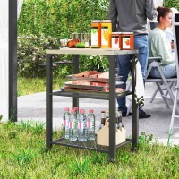 Outsunny 3-Shelf Outdoor Grill Cart with Stainless Steel Tabletop, Movable Pizza Oven Table with Hooks, Side Handle, Wheels(m-10)